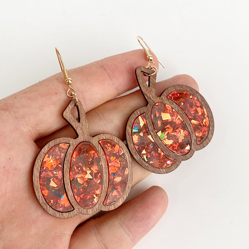 Pendientes de madera con forma de calabaza y purpurina para Halloween para mujer
