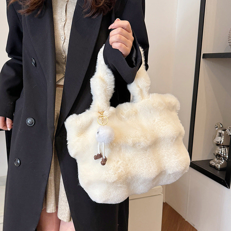 Women Fashion Casual Solid Color Plush Tote Bag