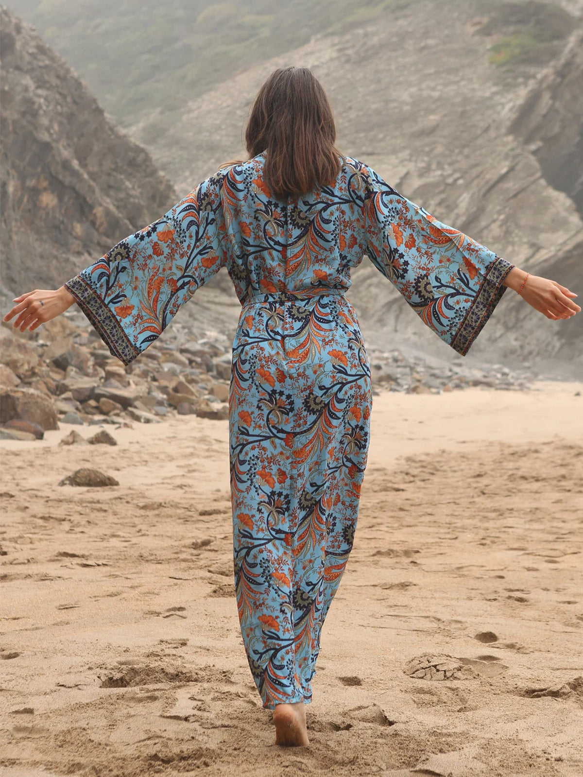 Chemisier de plage kimono en coton à imprimé floral pour femme