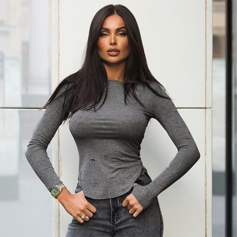 Women Fashion Solid Color Long Sleeve Round Neck Blank T-Shirt