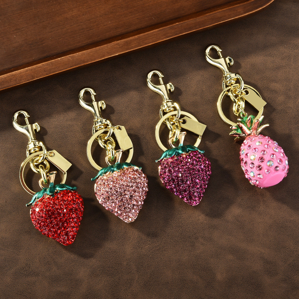 Fashion Rhinestone Strawberry Pineapple Pendant Metal Keychain