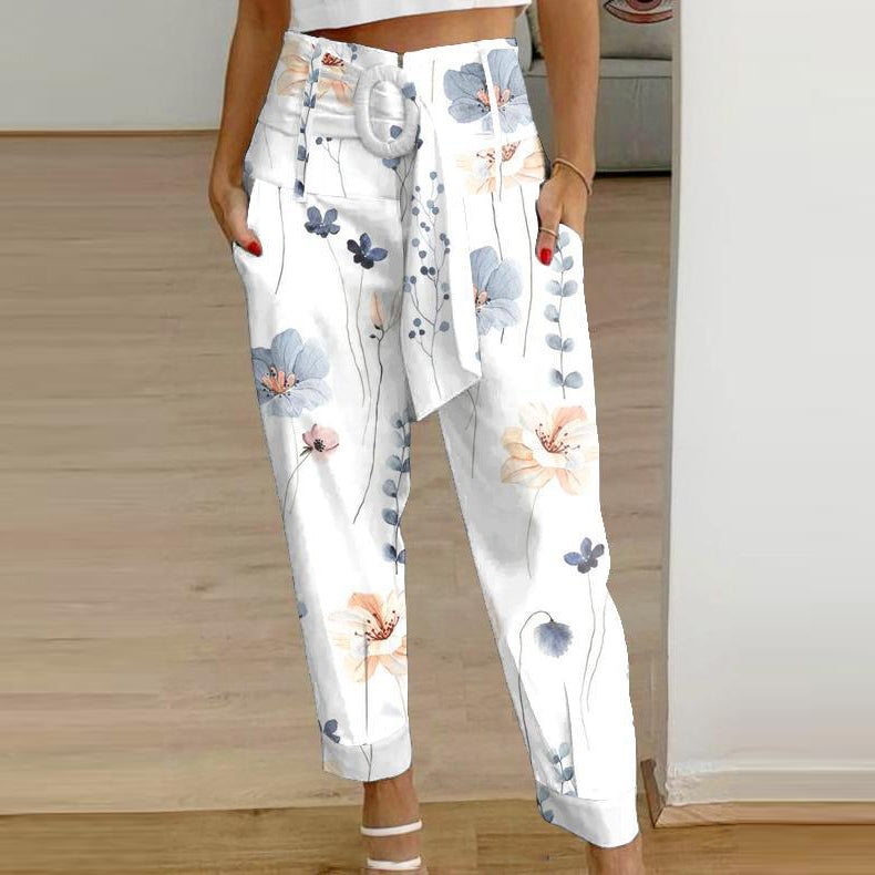 Pantalones casuales de lino con estampado floral de color liso de verano para mujer