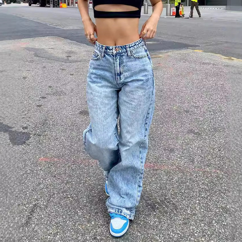 Jean slim décontracté pour femme, taille haute et jambe droite