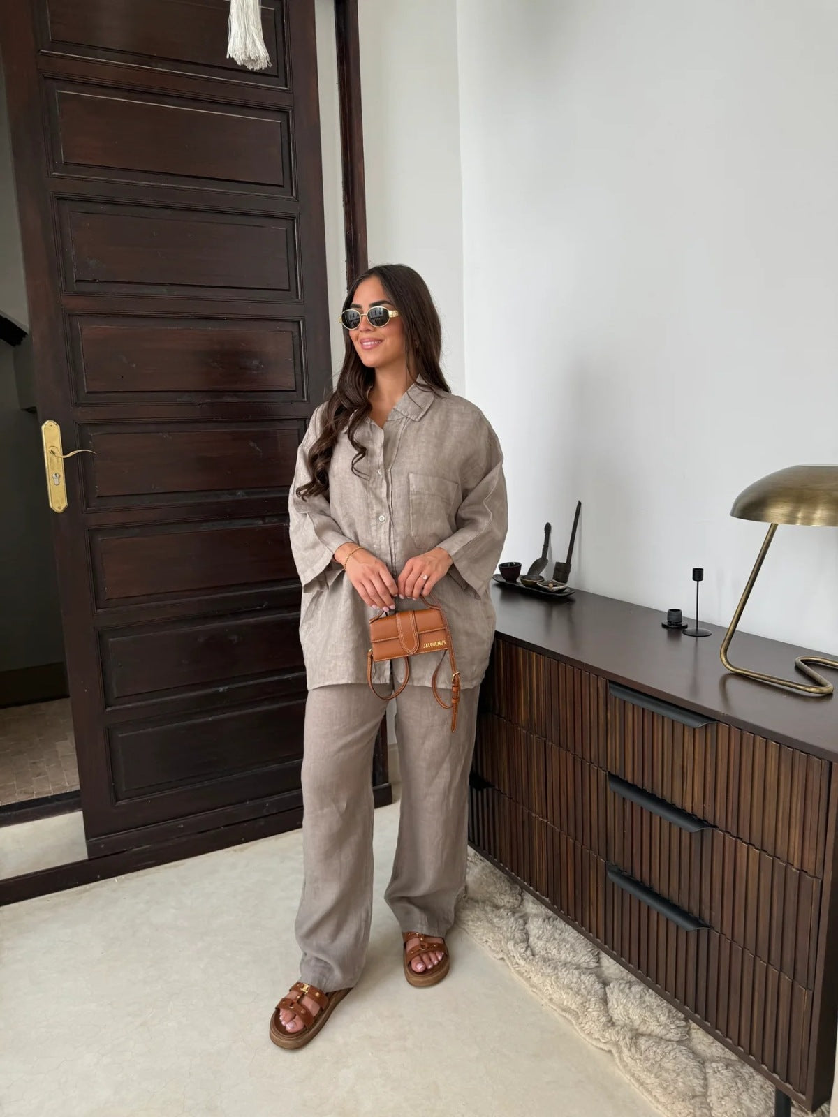 Summer Women Casual Solid Color Lapel Shirt Pants Set