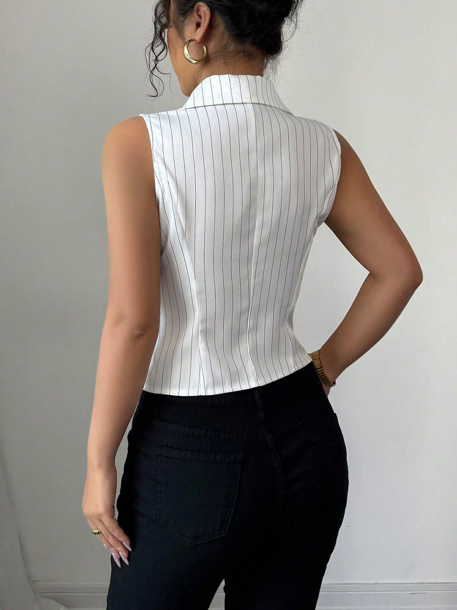 Blusa elegante sin mangas con solapa y rayas a la moda para mujer