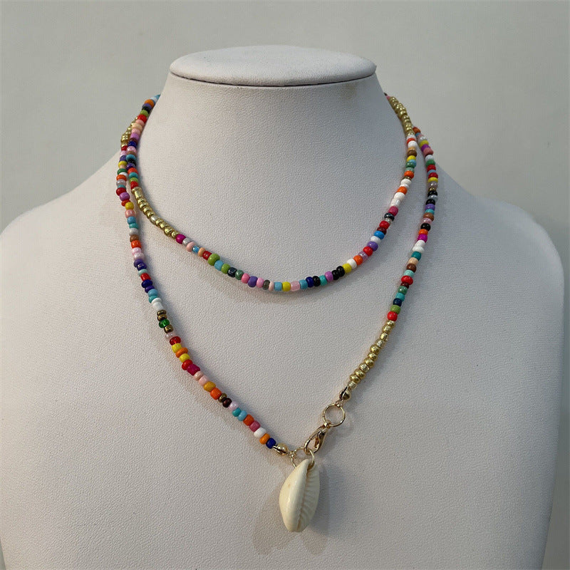 Collar bohemio de conchas de doble capa con mini cuentas multicolores
