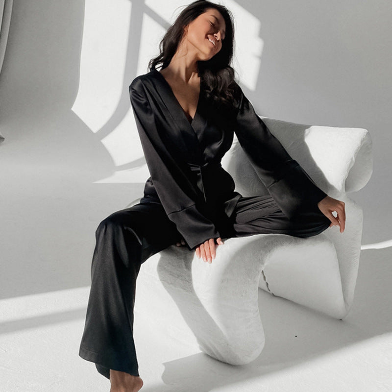 Women Fashion Loose Ice Silk Comfortable Long Sleeve Pajamas Set