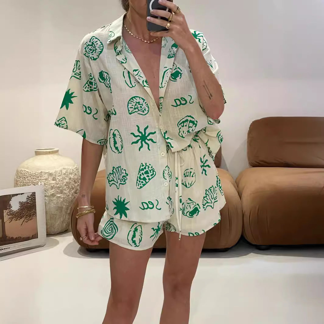 Conjunto de blusa informal de manga corta con solapa y estampado para mujer