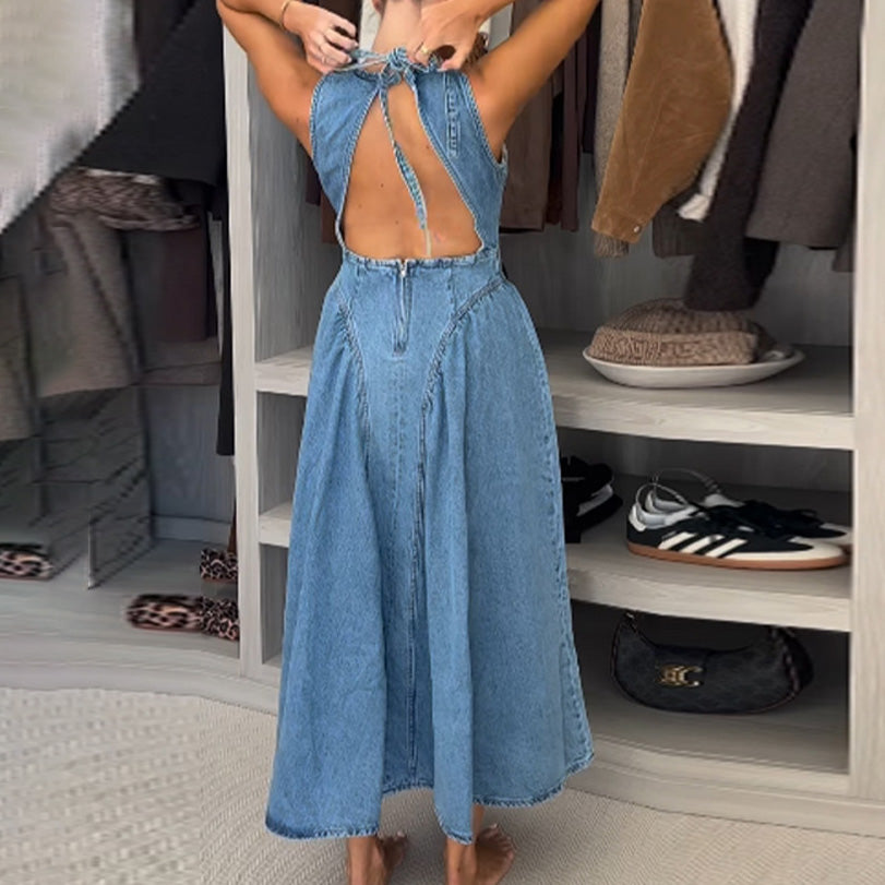 Women Fashion Sexy Solid Color Sleeveless Backless Denim Dress