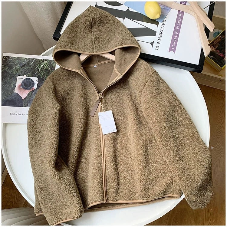 Women Autumn And Winter Plush Hooded Coat