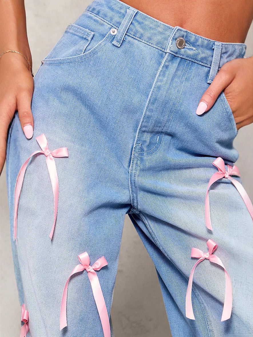 Vaqueros de pierna ancha con lazo suelto y creativo para mujer, estilo urbano de algodón y mezclilla