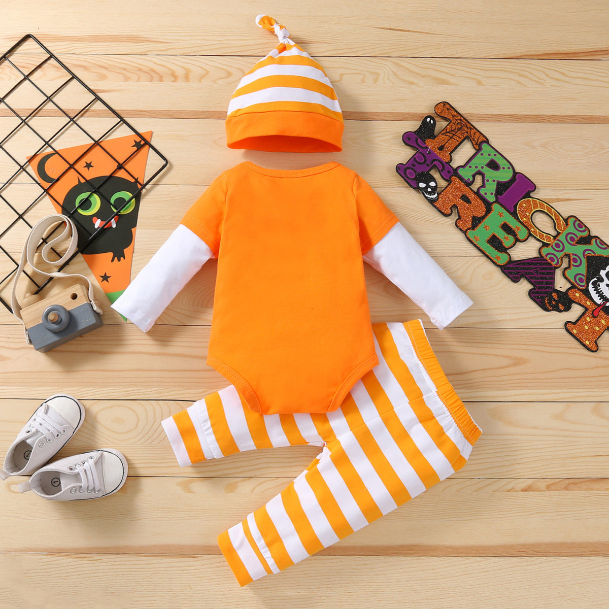 Conjunto de pantalones y mameluco de manga larga con estampado de calabaza informal para niños y niñas