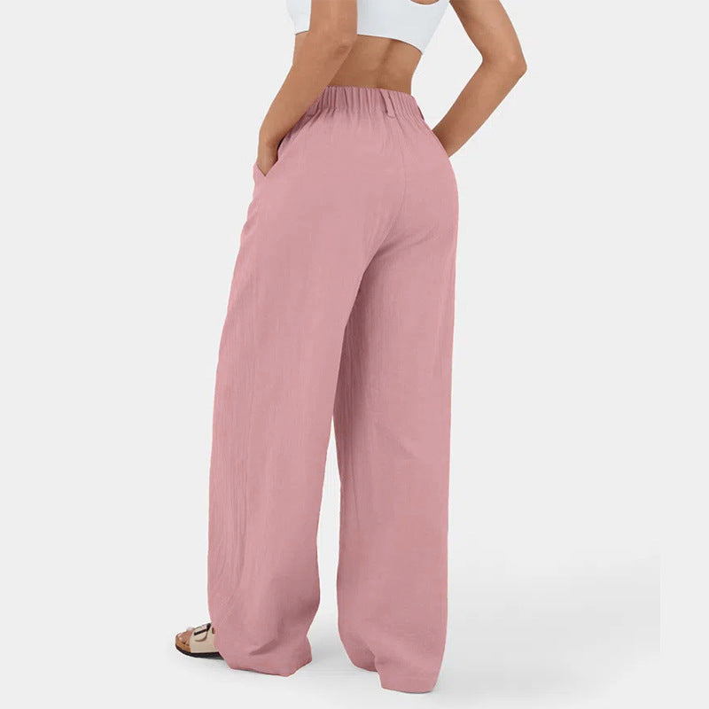 Pantalones casuales de algodón con cintura alta y pierna ancha para mujer