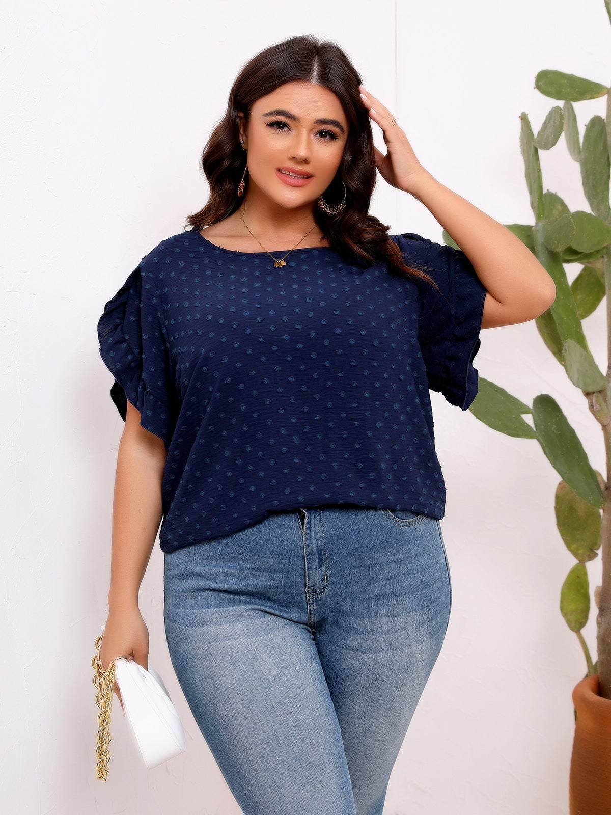 Blusa informal de cuello redondo con bola de lana de talla grande para mujer