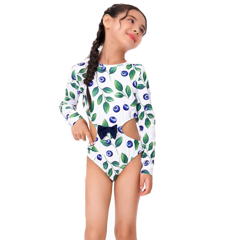 Girl Fashion Blueberries Printed Long-Sleeve Swimwear