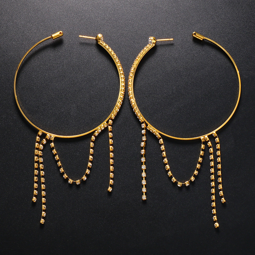 Women Fashion Simple Irregular Ring-Shaped Rhinestone Tassel Earrings
