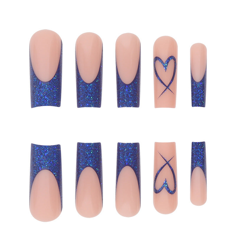 Faux ongles longs bleus pailletés pour femme