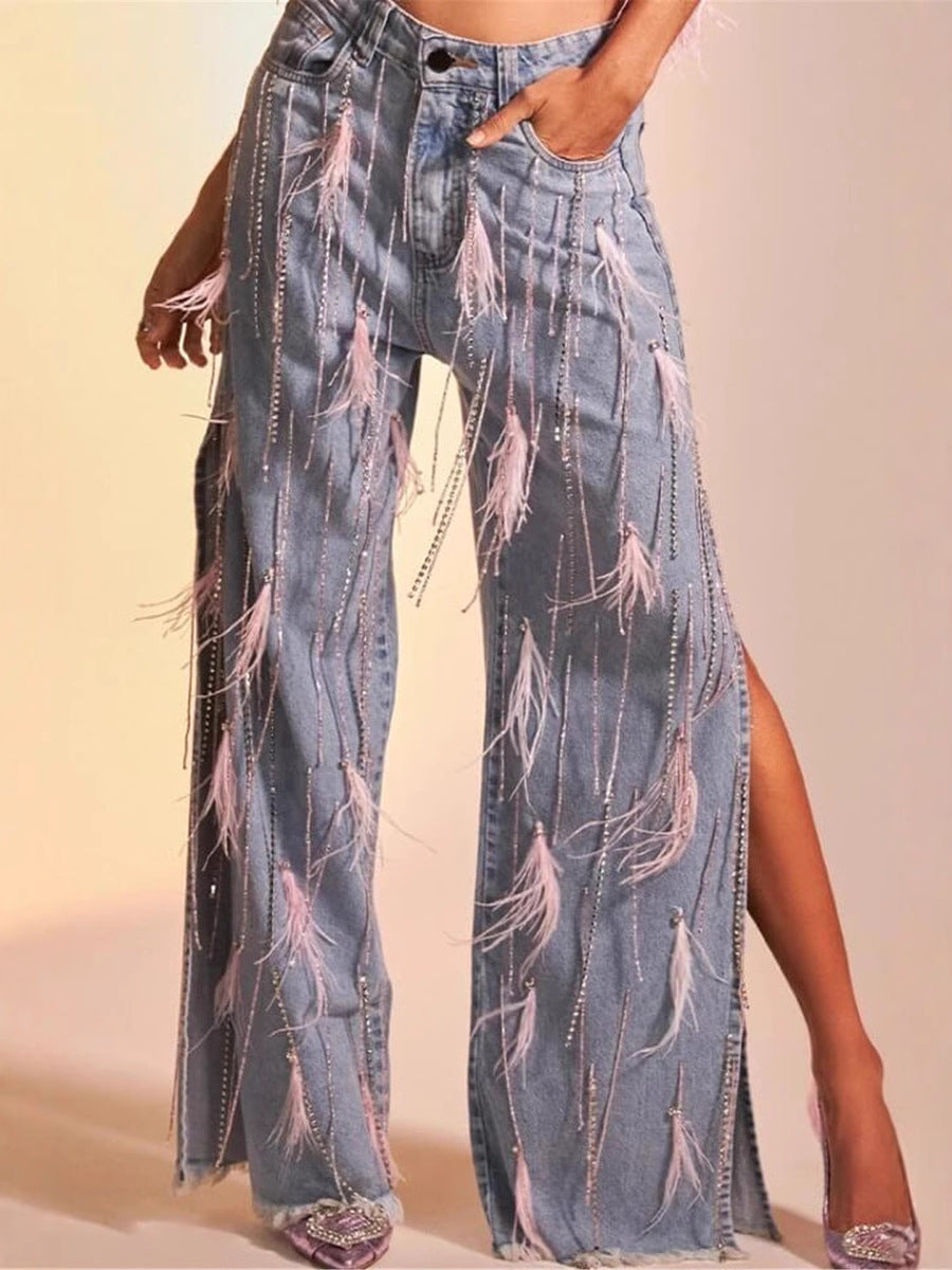 Women Fashion Feather Tassel Split Jeans