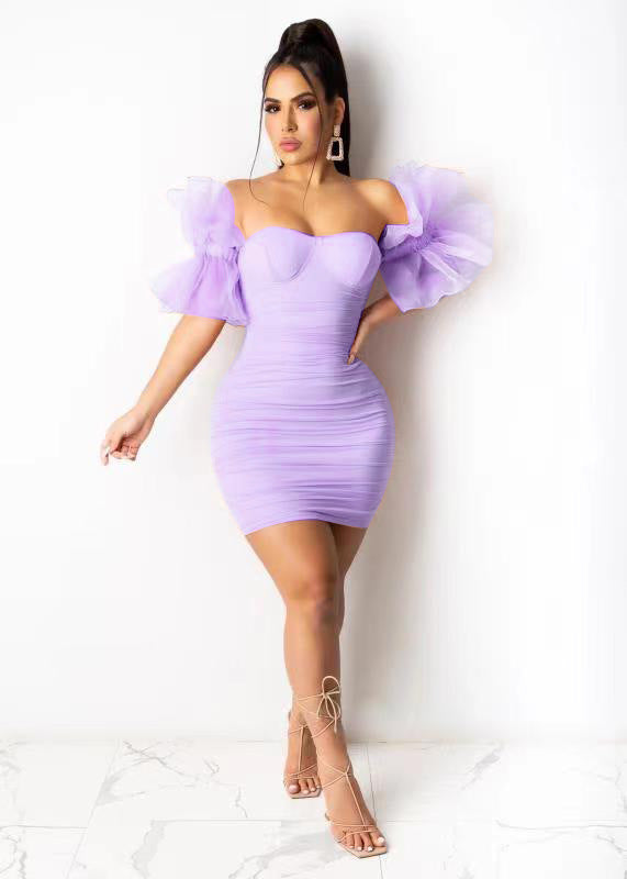 Women Fashion Sexy Elegant Irregular Mesh-Sleeves Dress