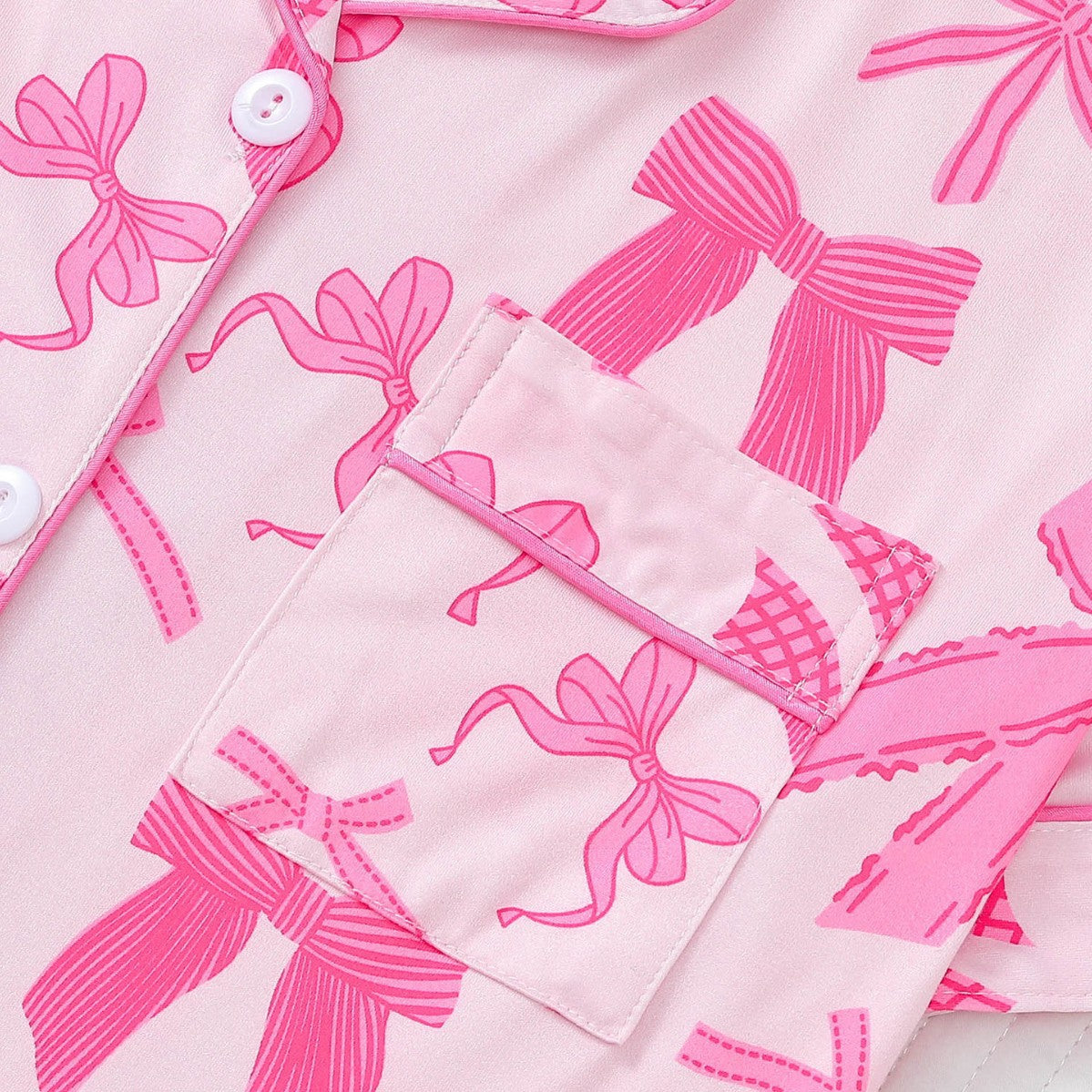 Women Pink Bow Print Lapel Short Sleeve Pajamas