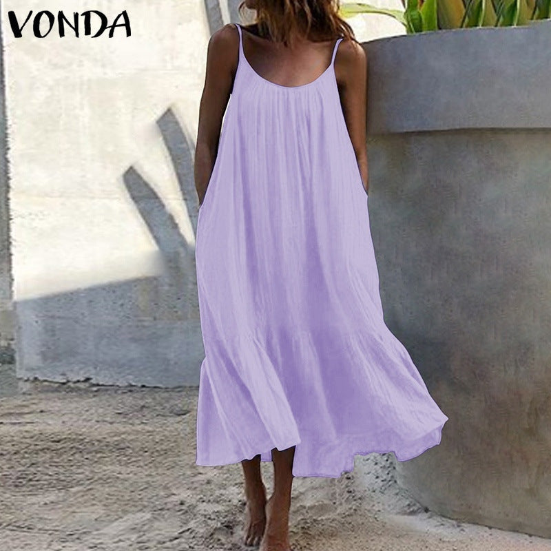 Vestido lencero holgado con volantes de color liso, estilo bohemio e informal para mujer