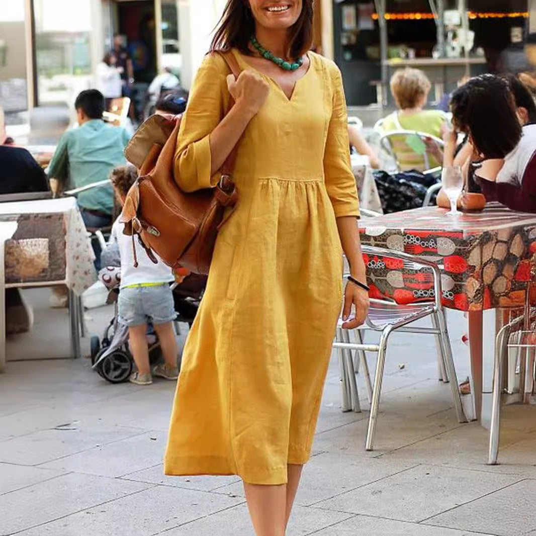 Robe mi-longue d'été en coton et lin à col en V pour femme grande taille
