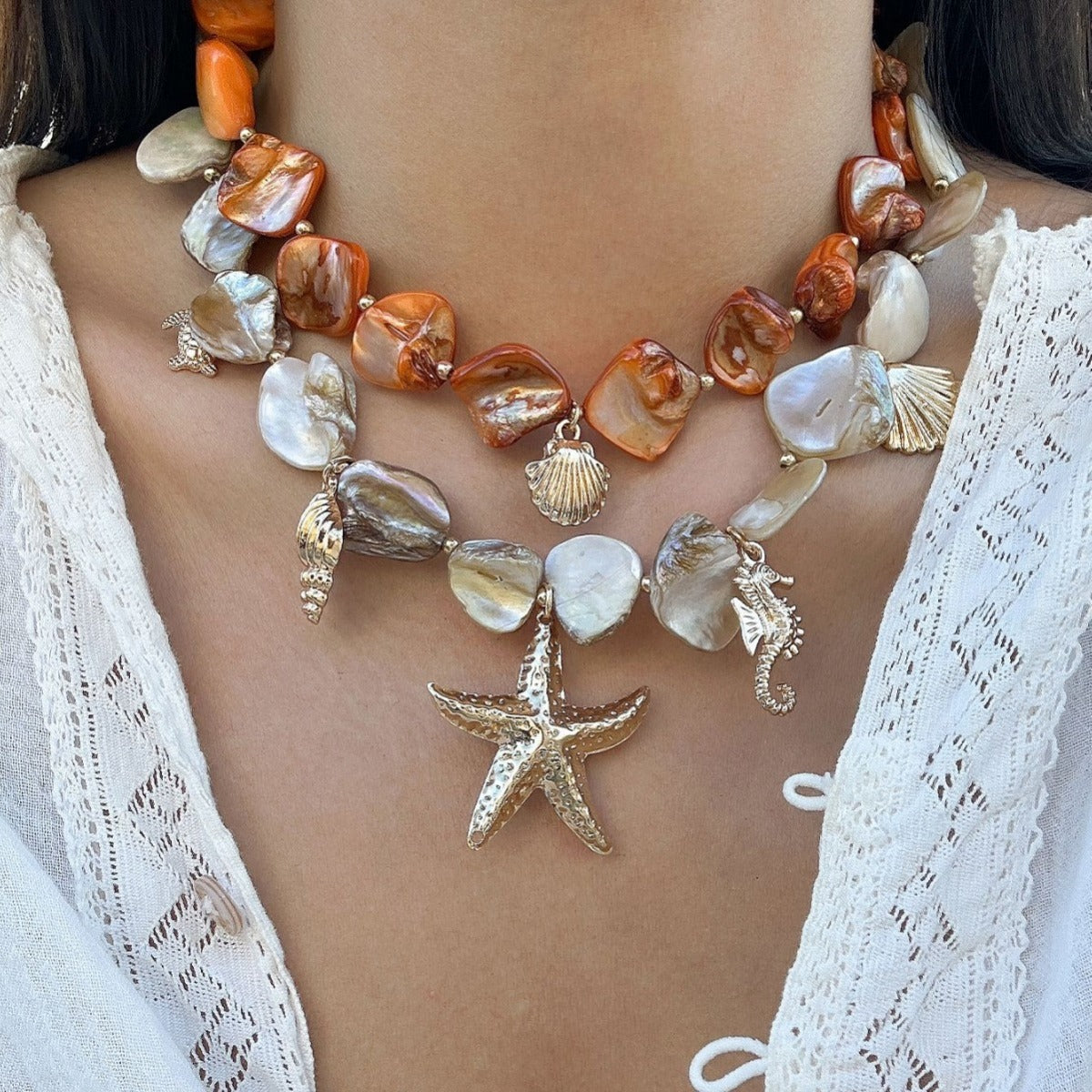 Collar de concha y estrella de mar estilo océano de verano para mujer