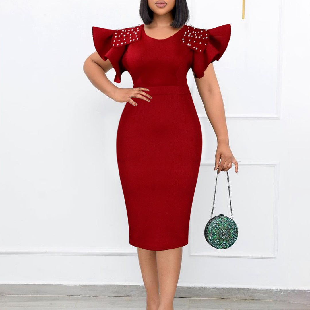 Women Fashion Elegant Plus Size Solid Color Dress