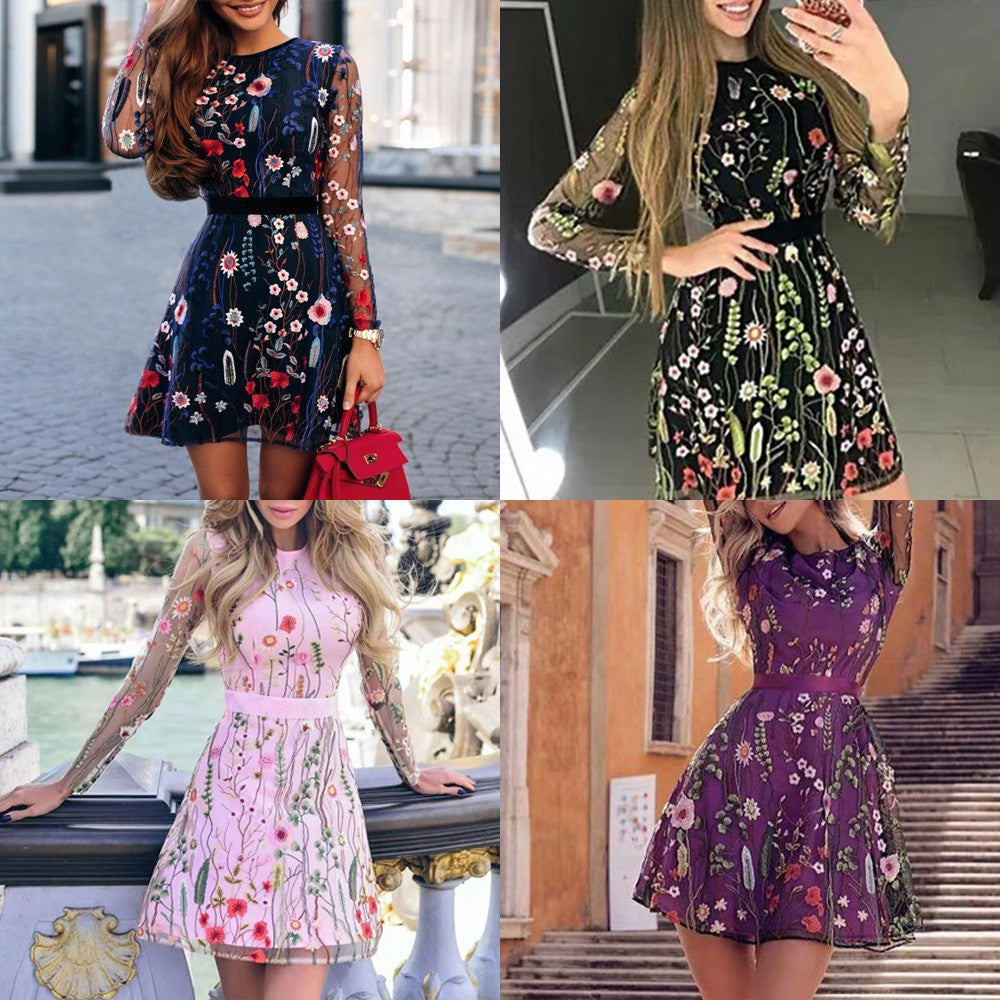Summer Women Fashion Sexy Bohemian Floral Embroidered Long Sleeve Dress