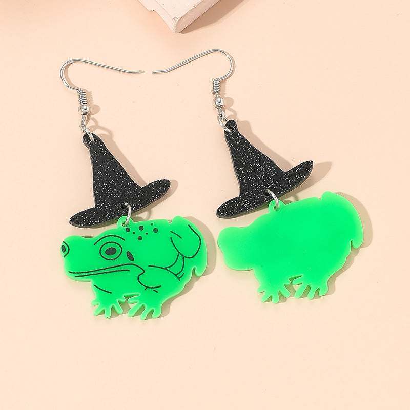 Halloween Women Fashion Creative Funny Acrylic Witch Hat Frog Earrings