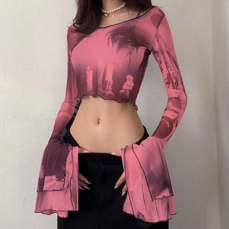 Gothic Mesh Pullover Crop Top Long Sleeve See-Through Slim-Fit