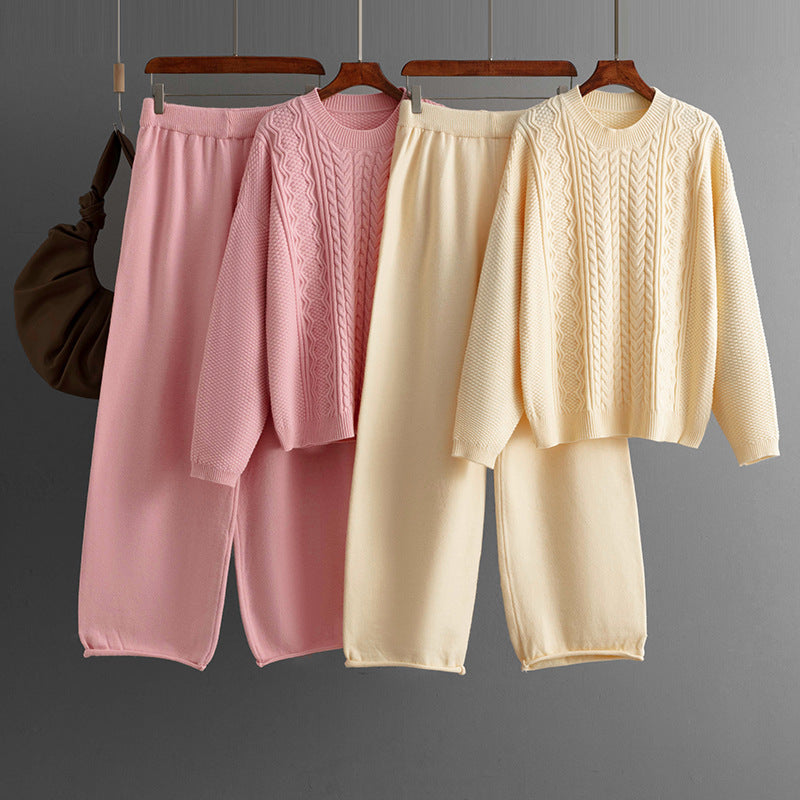 Ensemble pull tricoté décontracté de couleur unie et pantalon large pour femme