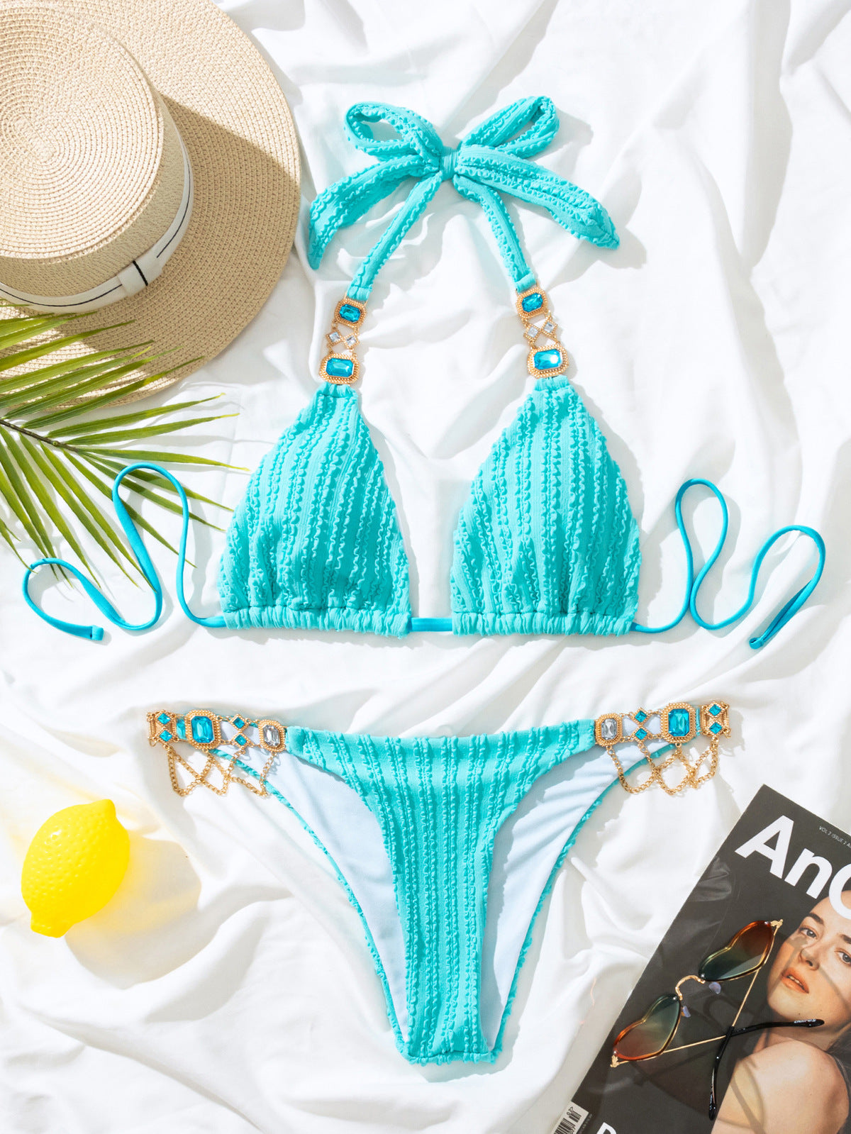 Bikini sexy de color sólido con diamantes de imitación para mujer
