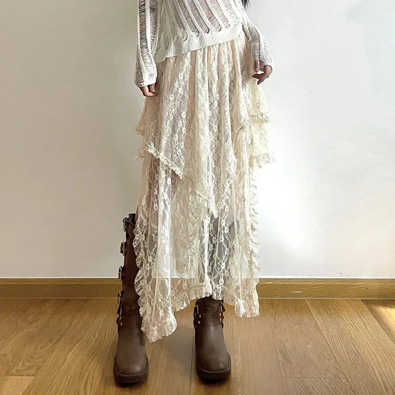 Women Vacation Lace Irregular Low-Waist Skirt
