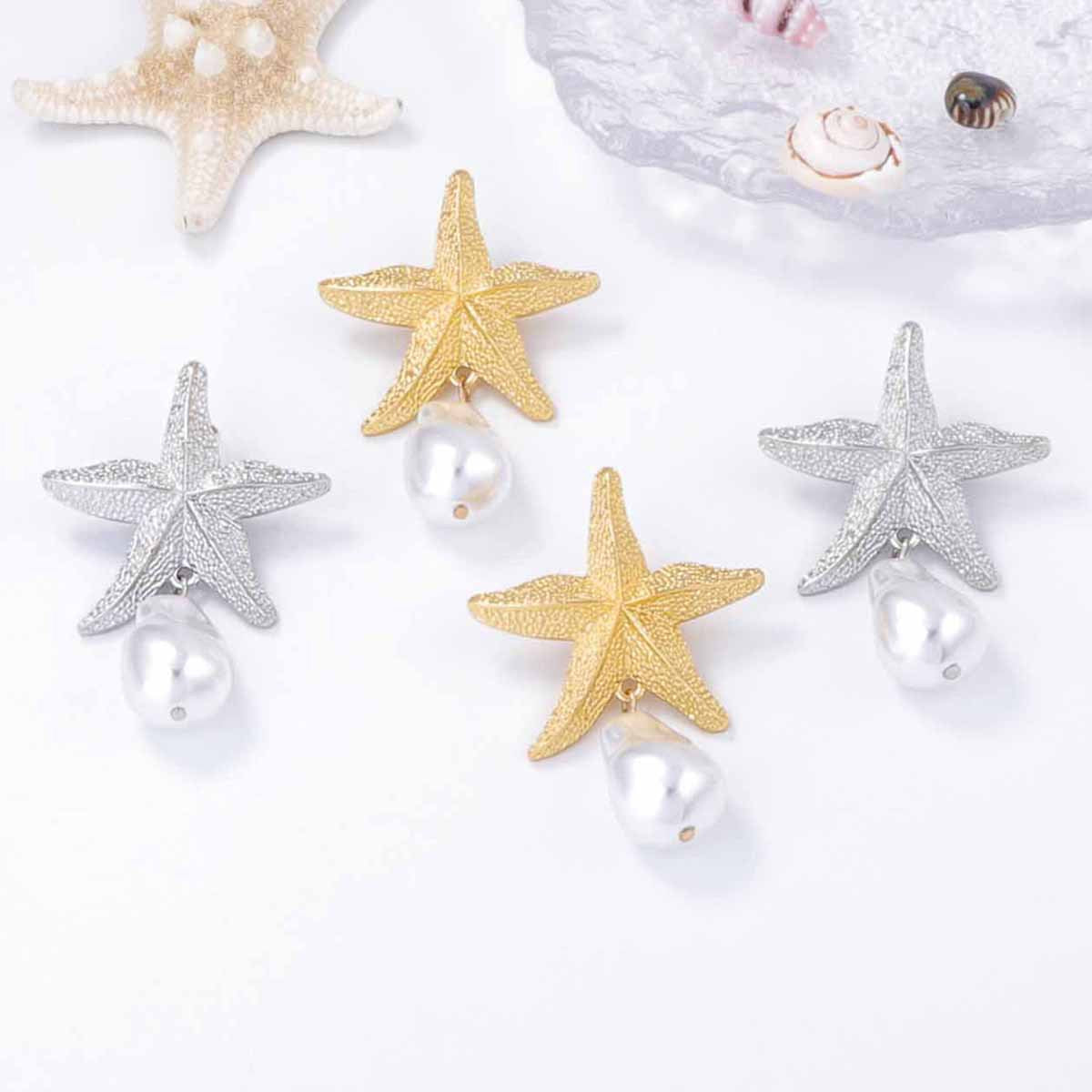 Women Fashion Casual Alloy Starfish Pearl Pendant Earrings