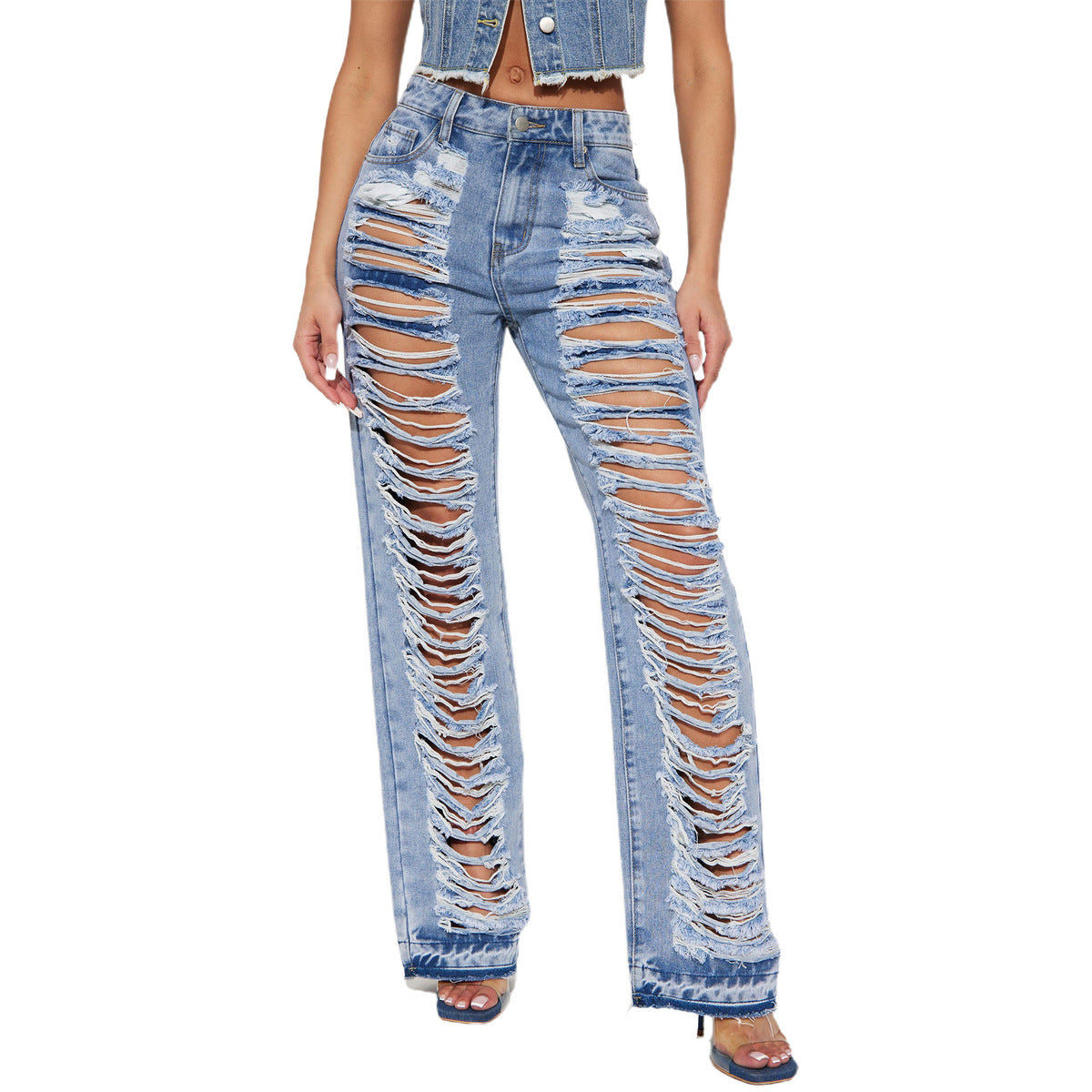 Jean évasé en denim micro-extensible déchiré pour femme, bleu ciel