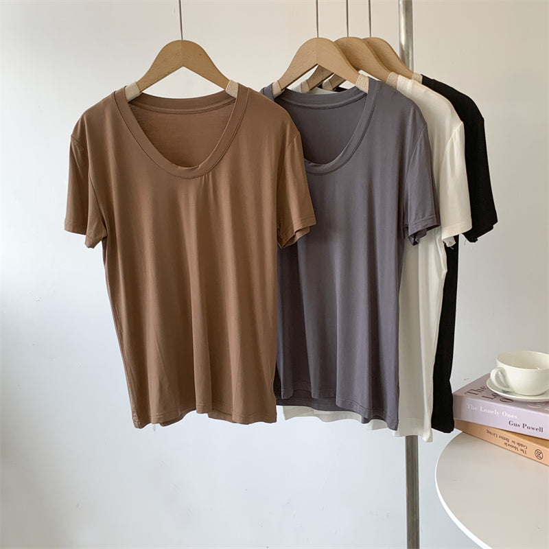 Camiseta informal de verano para mujer, color liso, con cuello en U y mangas abullonadas