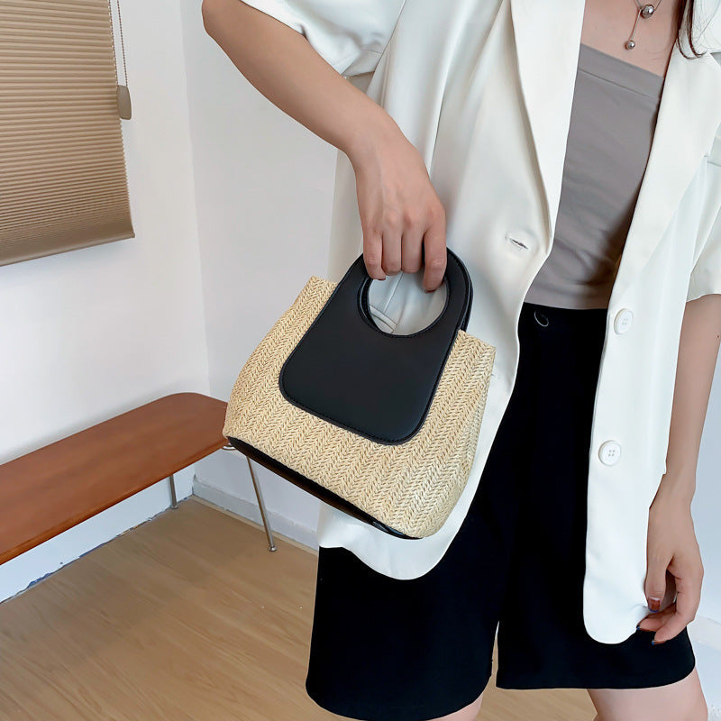 Women Casual Straw Woven Handbag with Contrast Color Stitching