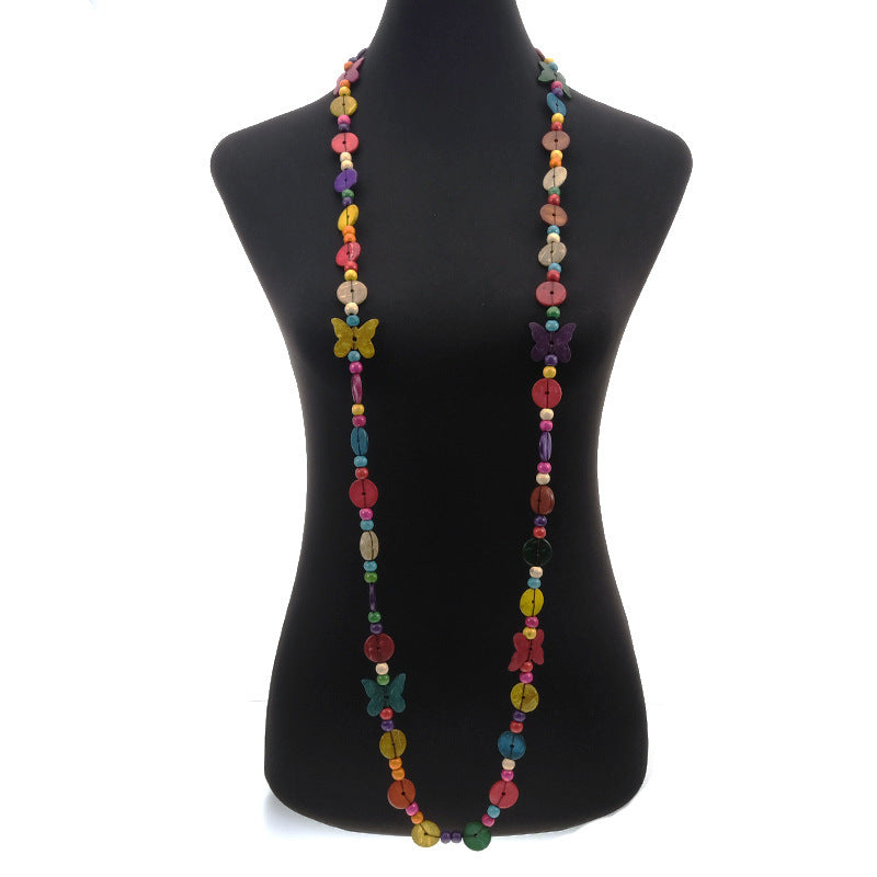 Collar largo bohemio de cuentas de madera tejidas para mujer