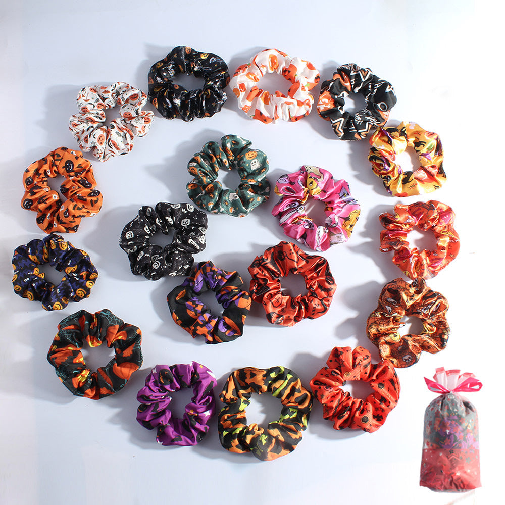 Halloween Series Pumpkin Skull Print Large Intestine Hair Ring 18pcs-Bag
