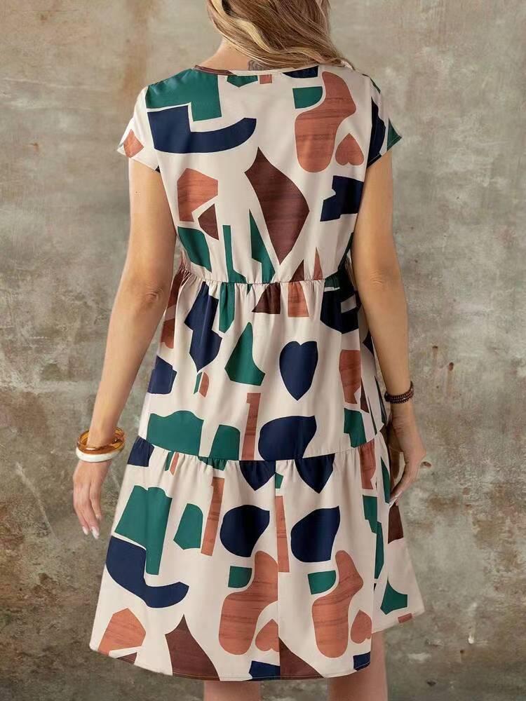 Robe décontractée imprimée à manches courtes pour femme en polyester