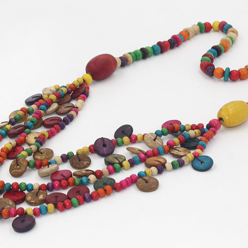 Collar de cuentas de madera multicapa estilo playa bohemia