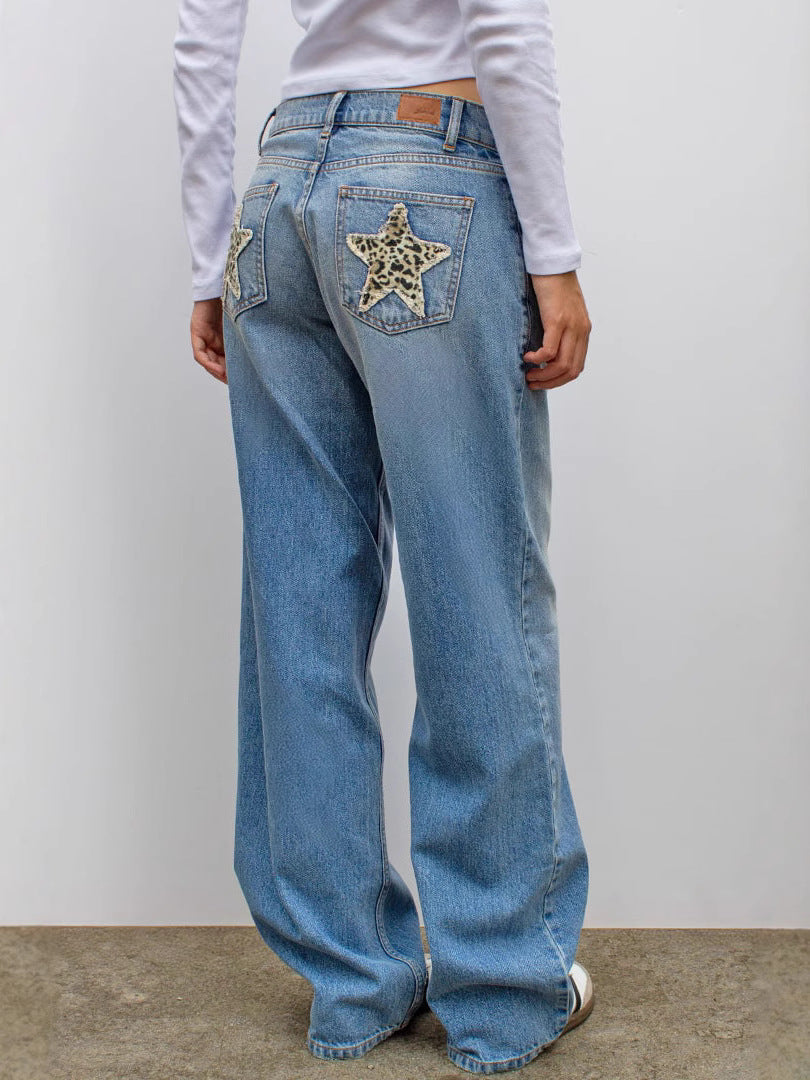 Vaqueros retro con estampado de leopardo y estrellas para mujer