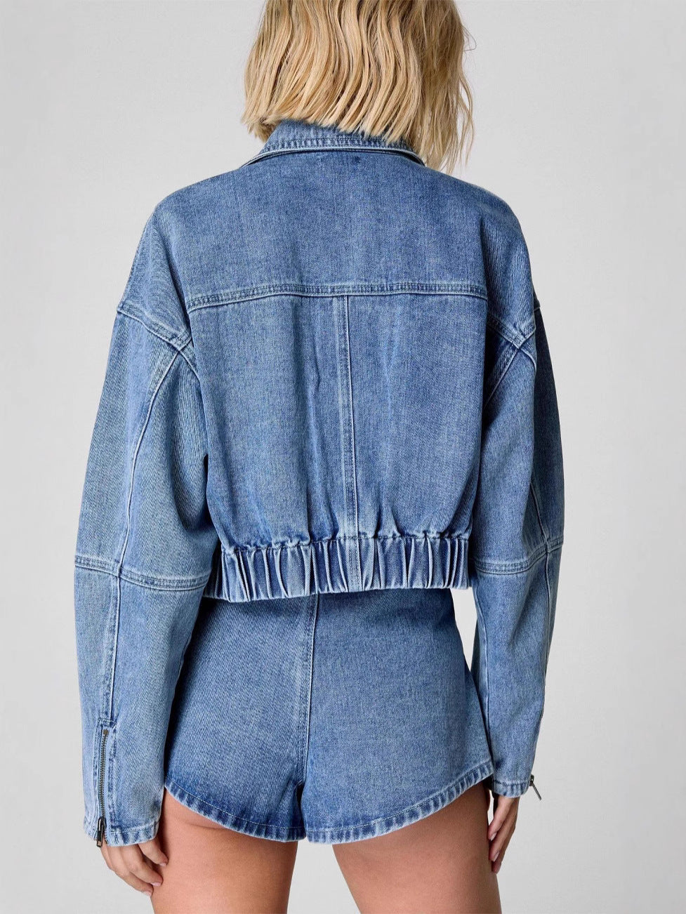 Women Fashion Casual Denim Lapel Long Sleeve Zipper Coat Two-Piece Set