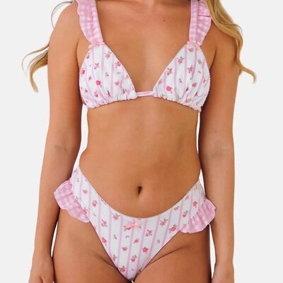 Maillot de bain bikini sexy en dentelle à volants et imprimé floral pour femme