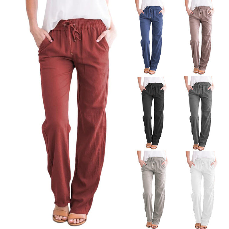 Women Casual Solid Color Cotton Linen Drawstring Pants