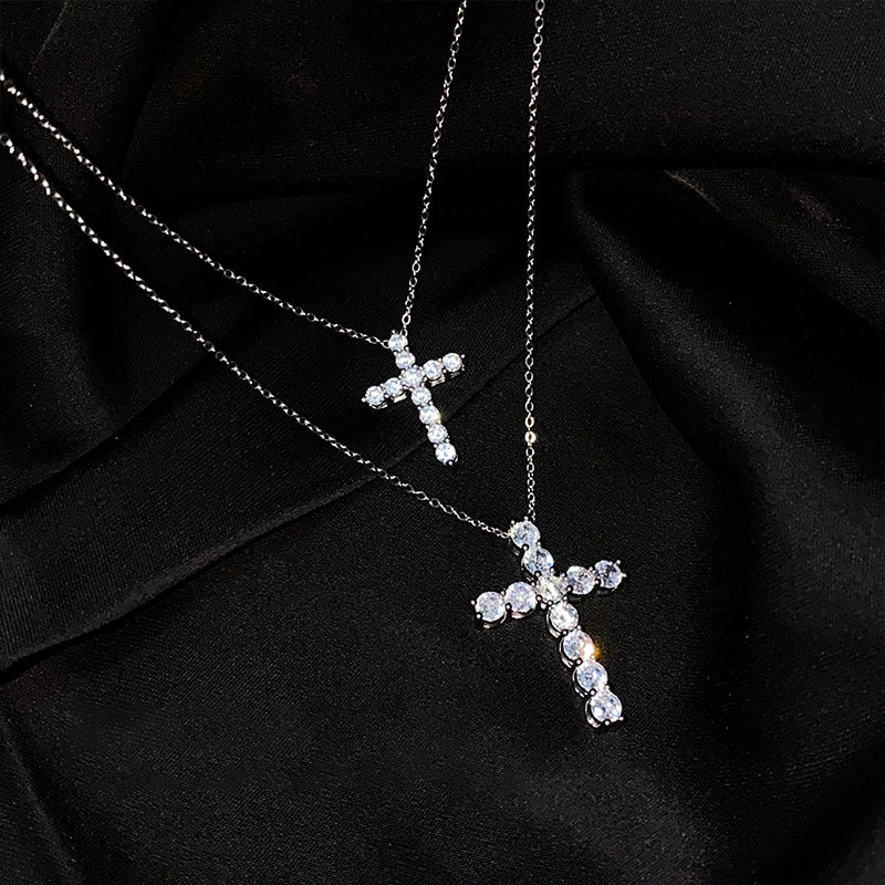 Women Fashion Zircon Titanium Steel Cross Necklace Set Stylish Jewelry