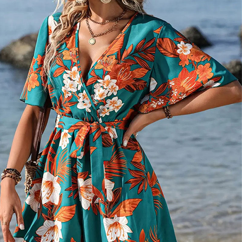Women Casual Vacation Print V-Neck Rompers