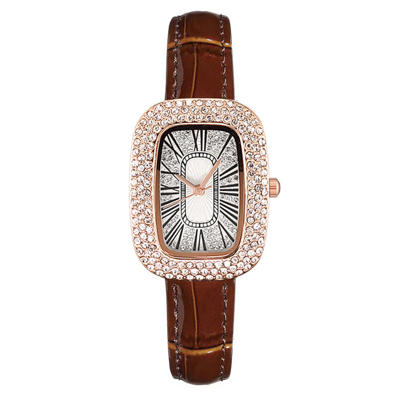 Women Casual Rectangular Rhinestone Watch with Leather Strap