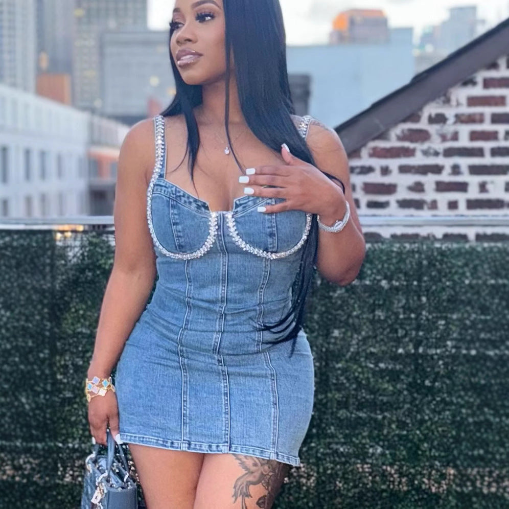 Women Fashion Sexy Rhinestone Spaghetti Strap Denim Dress